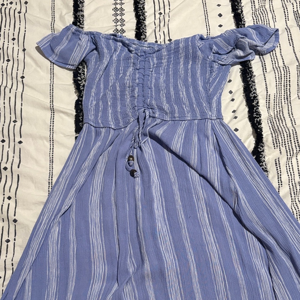 Blue & White Striped Off-Shoulder Maternity Dress